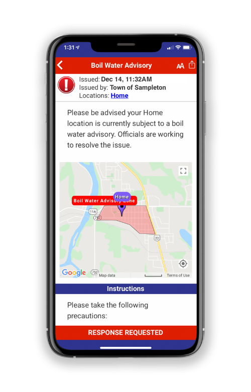 Sample alert notice on a smart phone